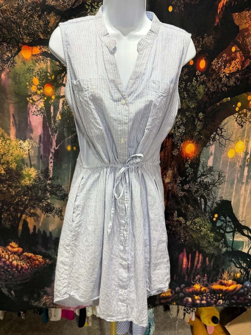Japna Sleeveless Striped Button Down Shirt Dress Blue White Pockets